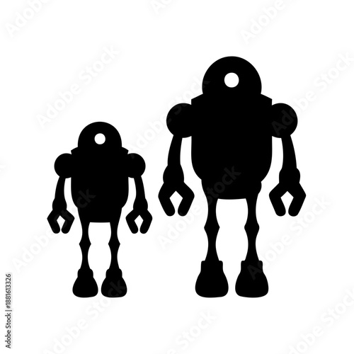 Two stylized robot silhouettes, one small and one large, standing side by side Vector, illustration