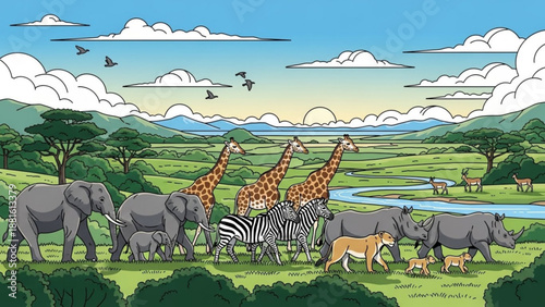 Wildlife animals gathering near river in savannah landscape with mountains