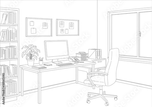 Home office workspace line art illustration with a computer desk, office chair, and bookshelves