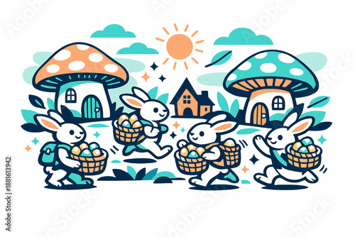 Easter celebration in fairy village. Bunny messengers carrying baskets of glowing eggs between mushroom houses