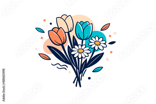 Botanical illustration of spring flowers. A bouquet of tulips and daisies floating in open