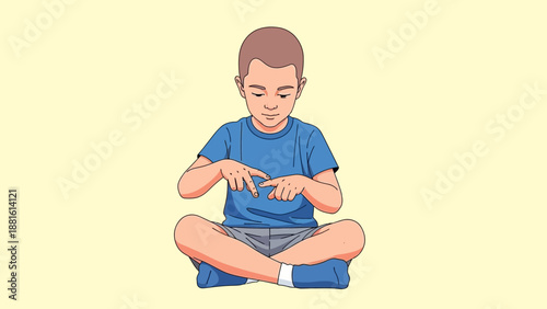 Boy sitting cross legged pointing.