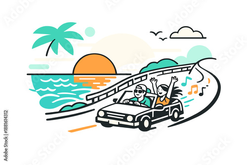 Road trip vibes. A long coastal road with the ocean on one side, sun low on the horizon,