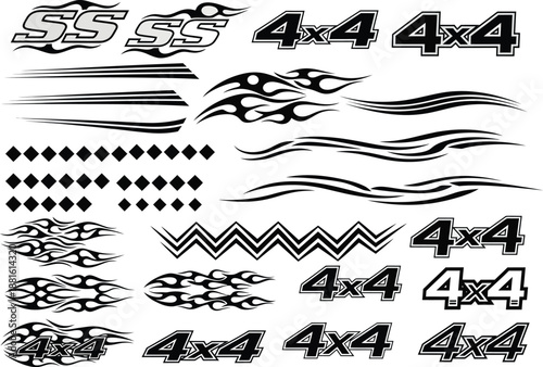 Automotive vinyl decal set with flames, tribal patterns, and 4x4 racing stickers