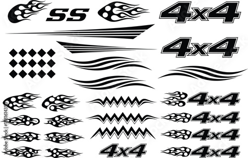 Tribal flame decals and 4x4 racing graphics collection for vehicle customization