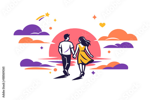 Romantic couple under glowing pink sky. The couple walking toward the horizon, oversized