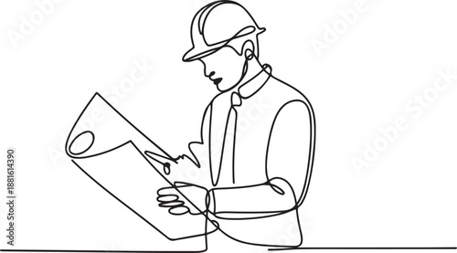 Continuous one line drawing of architect engineer reading blueprint.one line vector illustration with out background