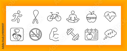 Health and fitness set icon. Running, cycling, meditation, strength training, weight scale, non-smoking sign, healthy food, heartbeat, sleep, and diet plan visuals displayed.
