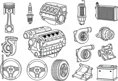 Technical Drawing Collection of Automotive Engine Components and Spare Parts for Mechanical Design