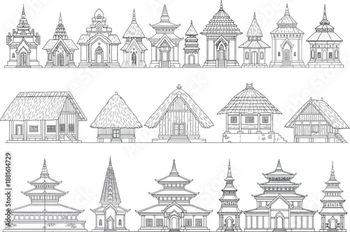 Detailed Architectural Illustrations of Traditional Asian Pagodas and Indigenous Wooden Houses in Line Art