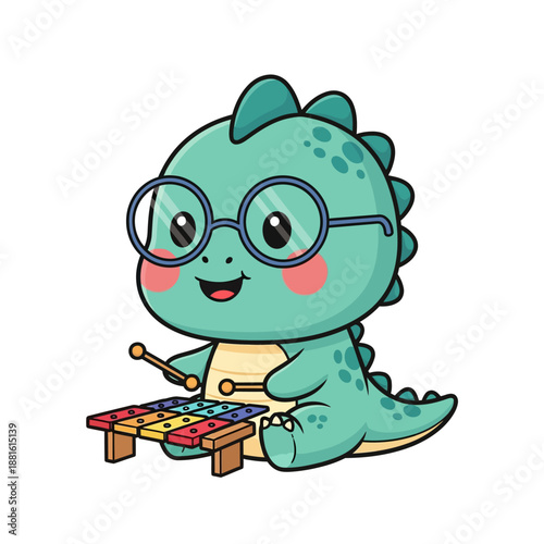 Adorable cartoon dinosaur with glasses playing colorful xylophone cheerful fun
