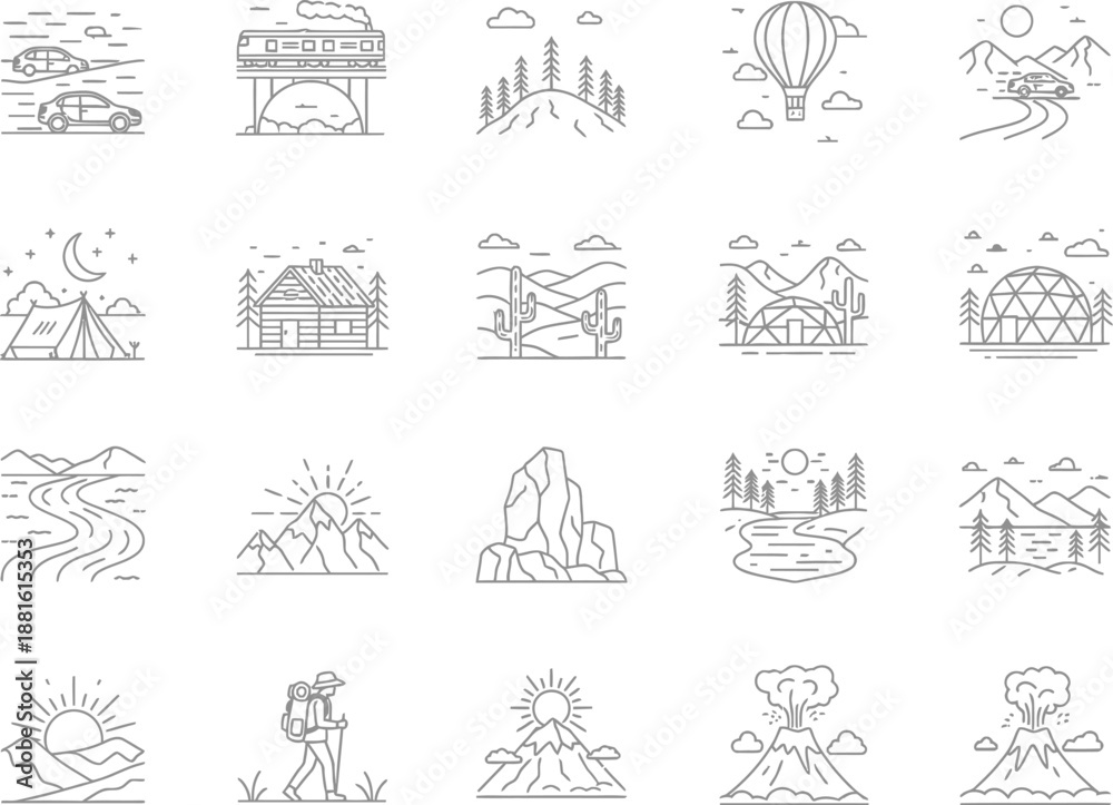 Fototapeta premium Diverse collection of minimalist travel and nature adventure line art icons featuring camping tents, mountains, desert landscapes, hiking, volcanoes, and transportation.