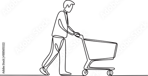 Minimalist continuous line drawing of a person pushing a shopping cart.one line vector illustration with out background
