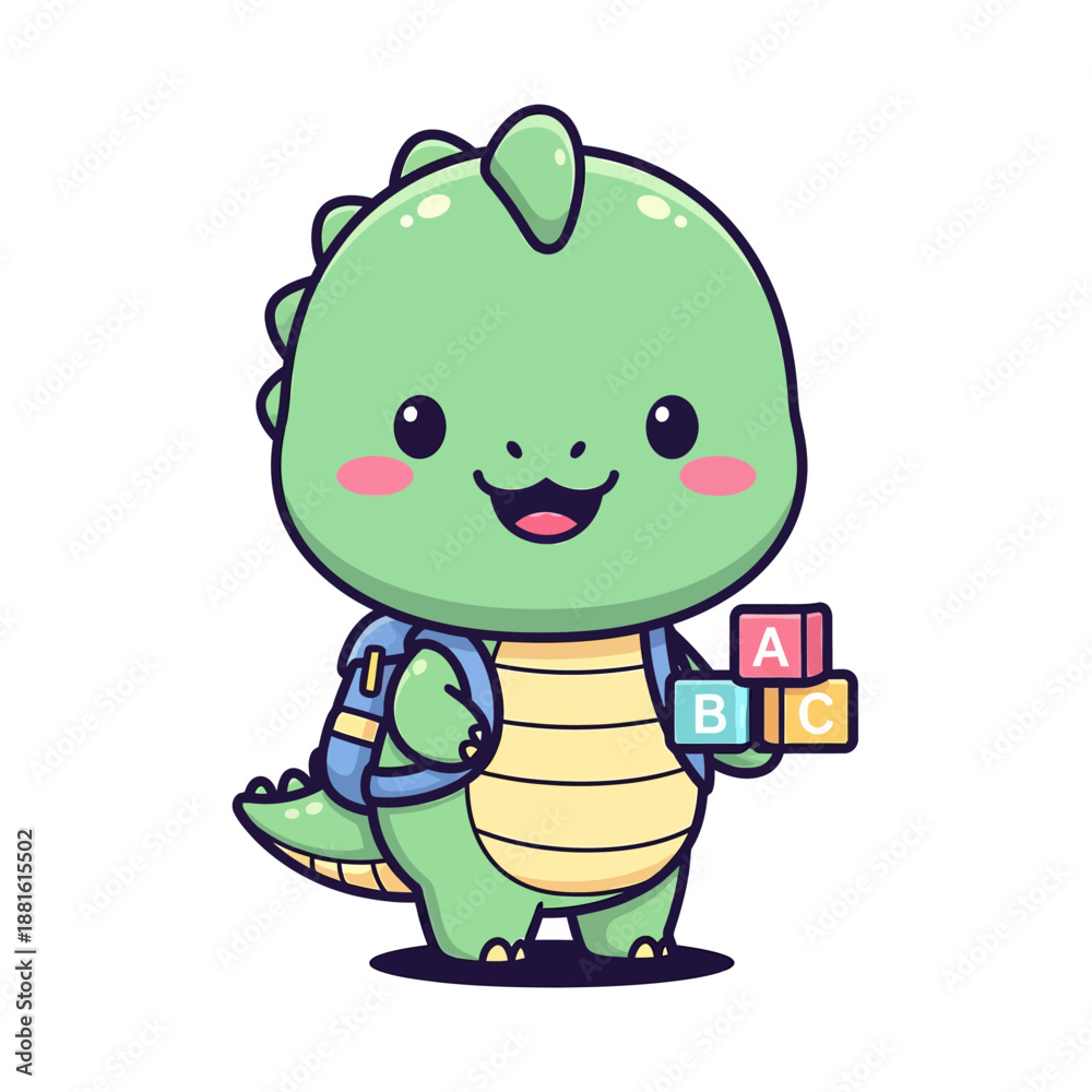 Obraz premium Adorable cartoon dinosaur character holding colorful alphabet blocks cheerful
