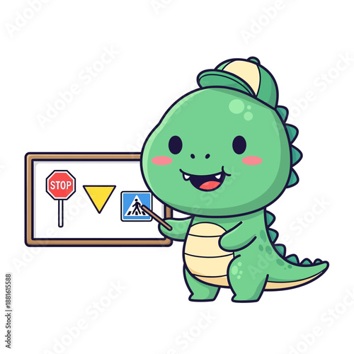 Adorable cartoon dinosaur character teaching traffic safety with a pointer and