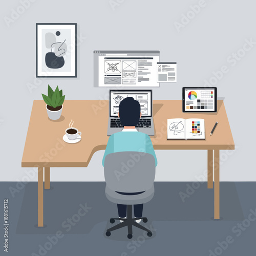 Designer working on laptop at desk with website wireframes and color palette on tablet