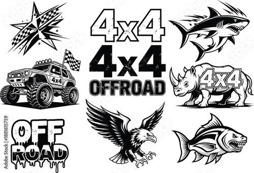 Set of black and white offroad themed graphics featuring 4x4 monster trucks, aggressive animals like sharks, rhinos, eagles, and stylized racing logos.
