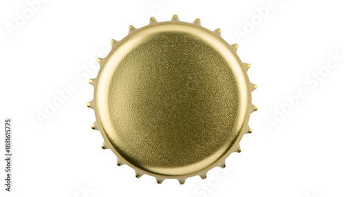 Isolated, close-up top view of a shiny, golden metal bottle cap