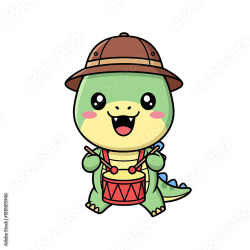 Adorable cartoon crocodile dressed as an explorer wearing a pith helmet