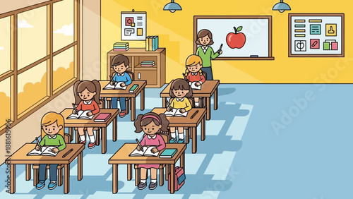 Children sitting at school desks learning 1.