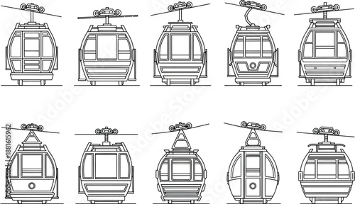 Vector Line Art Illustrations of Various Cable Car and Gondola Lift Cabins for Mountain Resort and Winter Sports Infrastructure Graphics