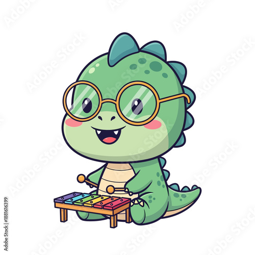 Adorable cartoon dinosaur with glasses playing a colorful electronic keyboard