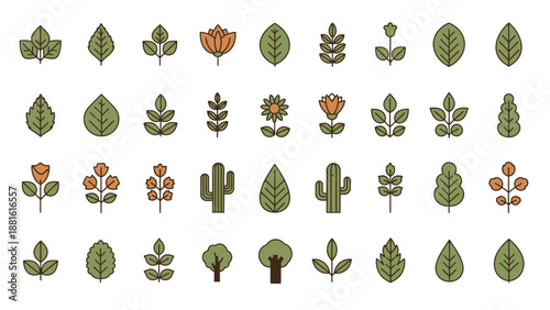 Assorted Illustrations of Various Green Plants and Cacti in a Minimalist Style