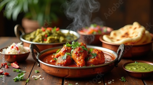 A delicious and aromatic Indian meal spread on a wooden table