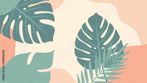 Stylized tropical leaves and foliage arrangement with modern pastel colors
