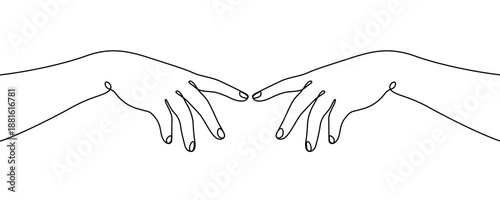 Two hands with fingertips nearly touching. Symbol of connection, creation, divine touch or partnership in one line art style with editable black stroke. Vector illustration