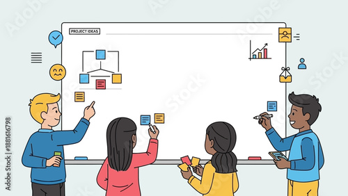 Diverse team collaborating on whiteboard.