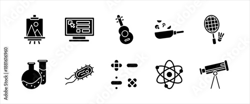 Universal school education icons for science social studies language and arts subjects
