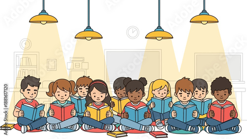 Group of children reading books together.