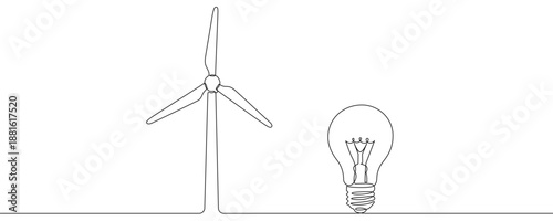 A wind turbine and an electric light bulb, symbolizing green energy and clean illumination. Drawing in one line art style with editable black stroke. Vector illustration.