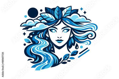 Mother Nature spirit portrait. A calm feminine face emerging from leaves and clouds, eyes glowing with life