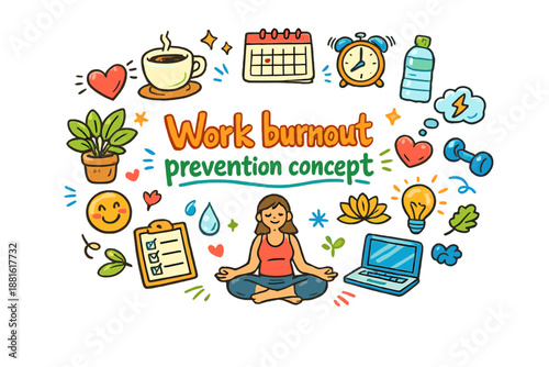 Work burnout prevention concept. Hand-drawn doodle illustration of Work burnout prevention