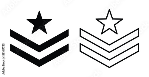 Military rank insignia symbols with stars and chevron. Vector illustration of military rank insignia with chevrons and a star, isolated on white and black backgrounds.