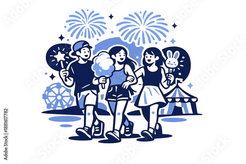 Summer night carnival. Friends walking with cotton candy and glowing toys, fireworks popping softly above the