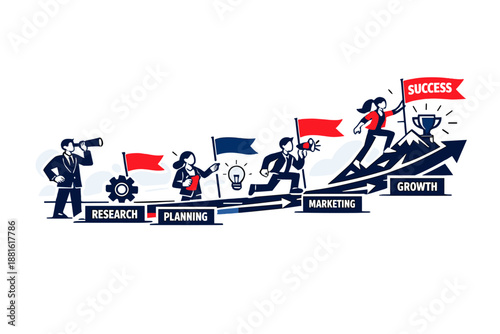 Business strategy roadmap. Timeline stretching forward with milestones, flags, and arrows, clear steps moving