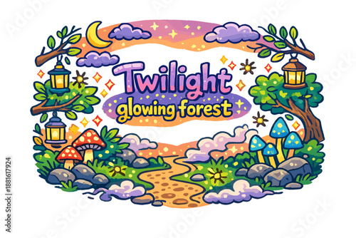 Twilight glowing forest. Hand-drawn doodle illustration of Twilight glowing forest. dusk sky