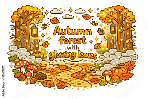 Autumn forest with glowing leaves. Hand-drawn doodle illustration of Autumn forest with
