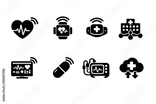 Healthcare IoT Icons. Healthcare IoT. Filled icon set of Healthcare IoT: heart monitor, smart watch, medical