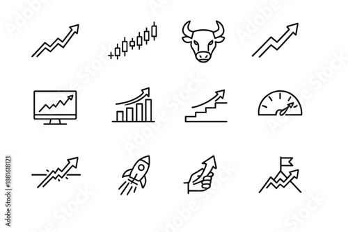 Stock market growth. Line outline icon set of Stock market growth: stock chart up, candlestick rise, bull