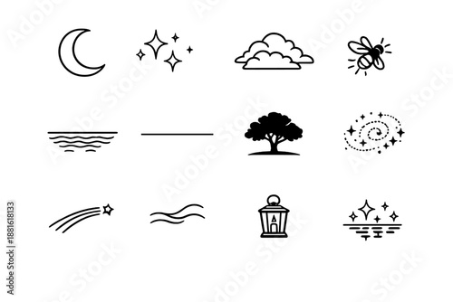 Dreamy Night Icon Set. Dreamy summer night scene. Line outline icon set of Dreamy summer night scene: crescent