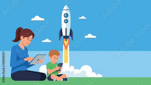 Rocket Ship Blasting Off Into Sky.