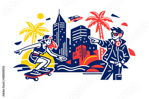 Neon tropical metropolis. Palm trees glowing with neon outlines between futuristic skyscrapers, humid night