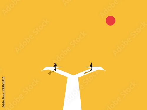 businessmen and women walked in different directions, as indicated by the arrows