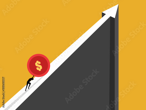 Businesspeople are pushing the coin to grow in the direction of the upward pointing arrow