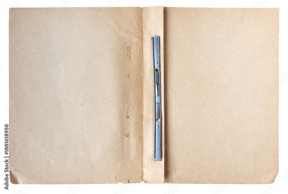 Naklejka premium Open vintage paper file folder with metal fastener on white