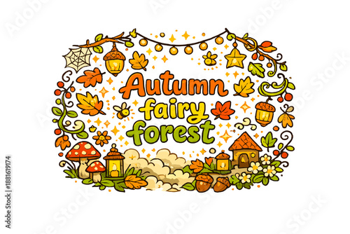 Autumn fairy forest. Hand-drawn doodle illustration of Autumn fairy forest. glowing leaves,